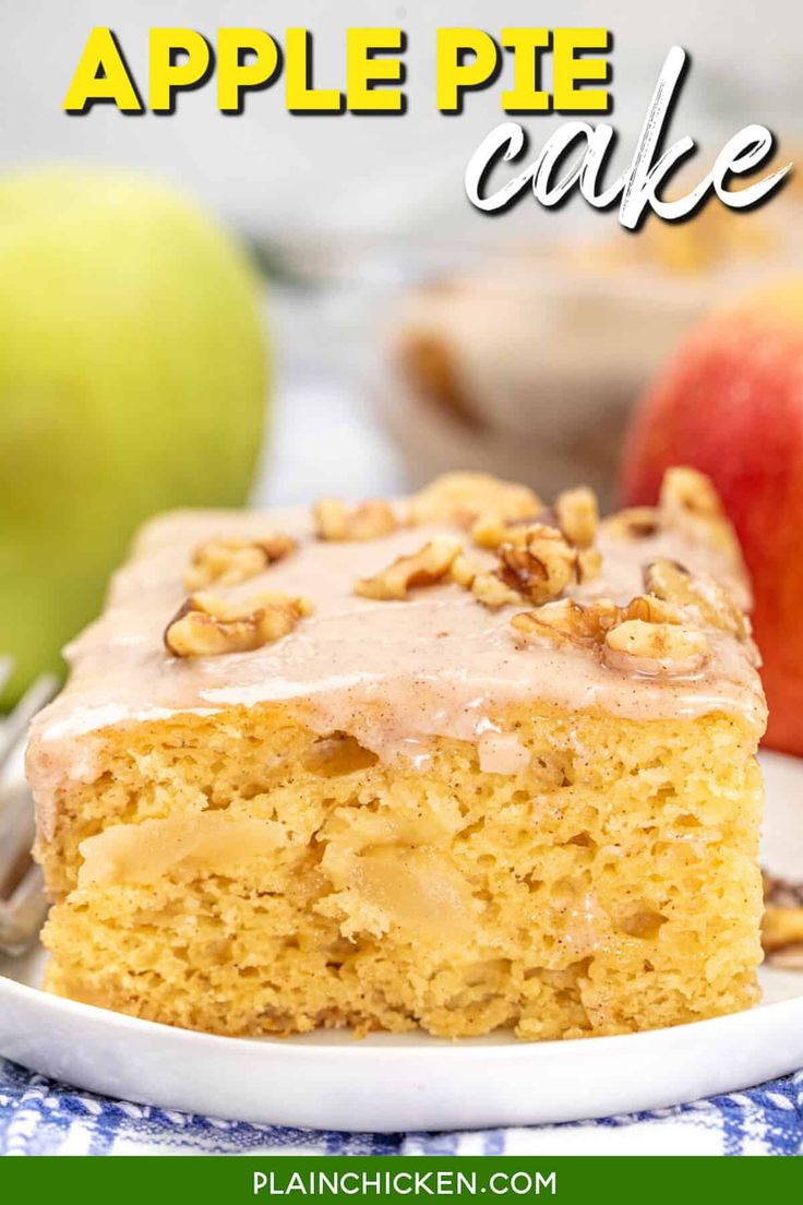 an apple pie cake on a plate with apples in the background and text overlay