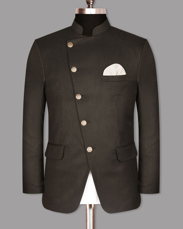 Crafted with wool, this Blazer is an evergreen addition to your wardrobe. Never meant to go out of fashion, a Brown Blazer speaks power. Pick this French crown Blazer to look confident and neat. In addition to being constructed from Imported Superior Fabrics, French crown Blazers are built with top quality components and thoughtful construction. All our Blazers are double canvassed, with fully fused Belt trouser, for greater versatility and superior shape for your Legs Wool Blend: 70% wool and 3 Designer Nehru Jacket With Stand Collar For Work, Fitted Bandhgala With Stand Collar And Button Closure, Fitted Bandhgala With Button Closure And Stand Collar, Festive Long Sleeve Nehru Jacket For Work, Festive Long Sleeve Bandhgala For Business, Designer Nehru Jacket With Stand Collar For Winter, Classic Tailored Bandhgala With Stand Collar, Classic Fitted Bandhgala With Button Closure, Green Long Sleeve Bandhgala For Formal Occasions