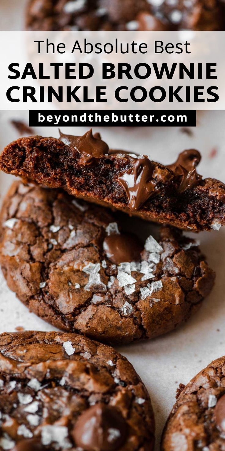 the best salted brownie crinkle cookies are made with chocolate chips and sea salt