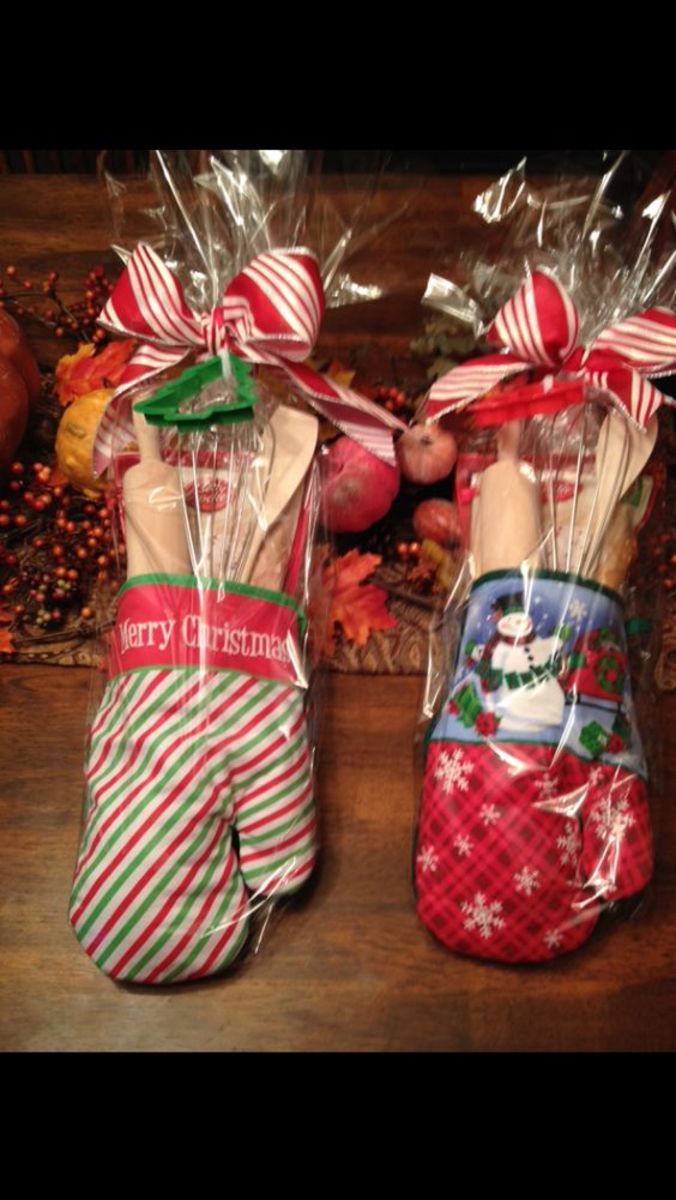 two christmas stockings wrapped in cellophane and tied with ribbon