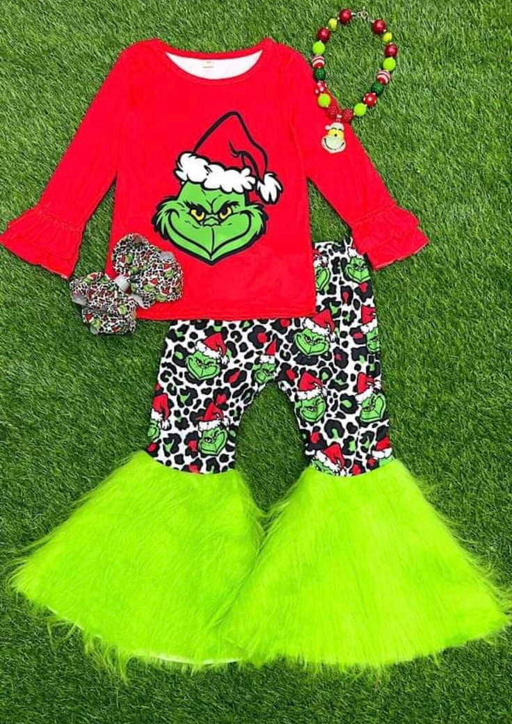 Bell Bottoms Outfit, Grinch Christmas Party, Grinch Party, Bell Pants, Kids Christmas Outfits, Christmas Grinch, Christmas Set, Holiday Baby, African Lace