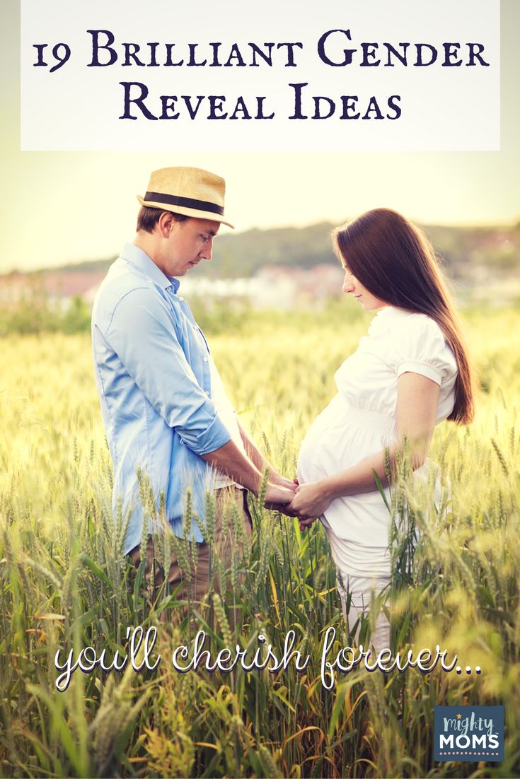 a pregnant couple standing in tall grass with the text, 19 memorable gender reveal ideas