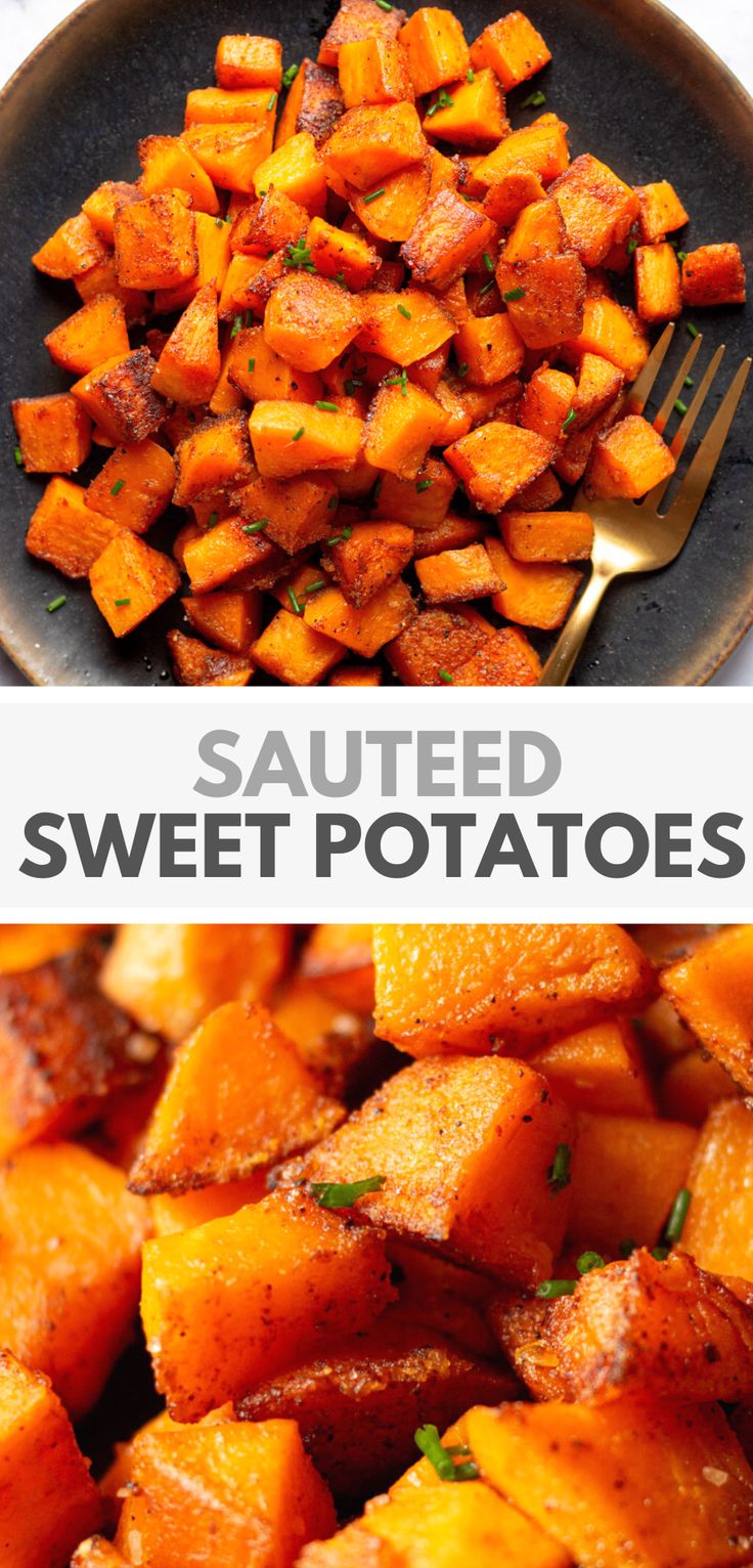 roasted sweet potatoes in a black bowl and on a plate with a fork next to it