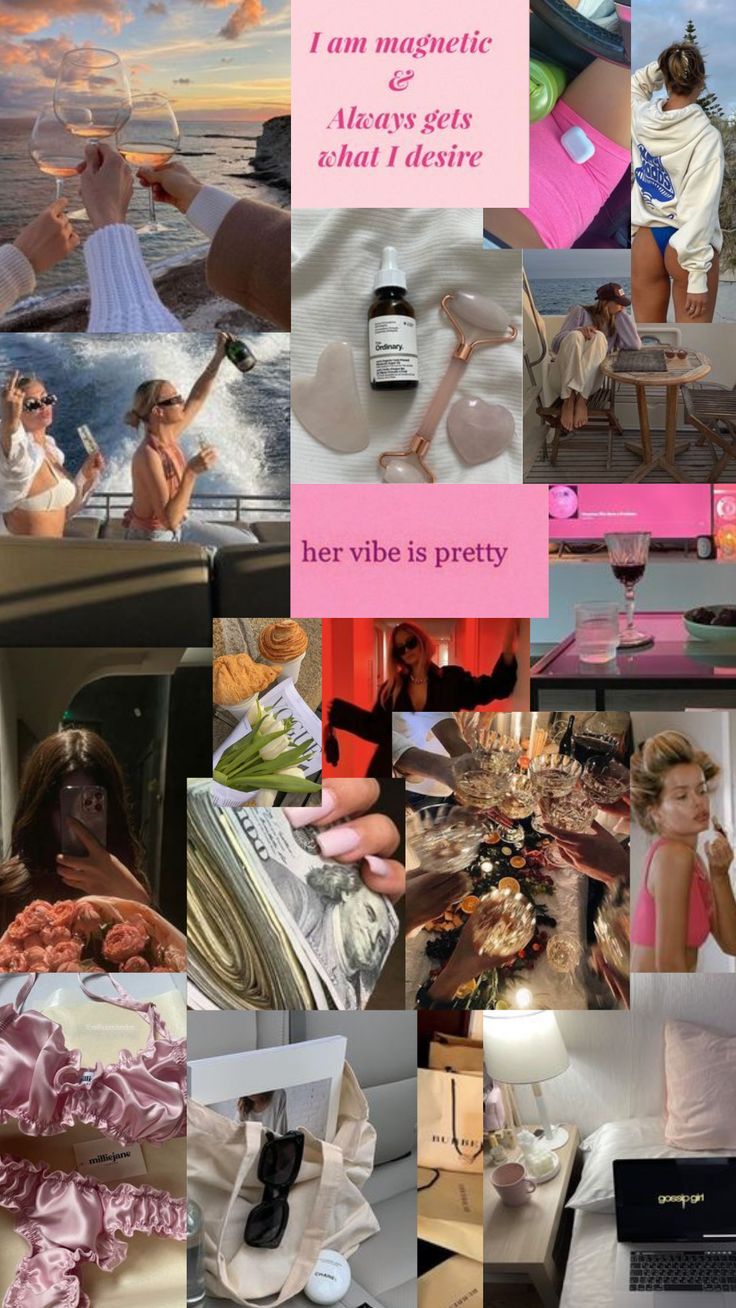 a collage of photos with women in pink and white