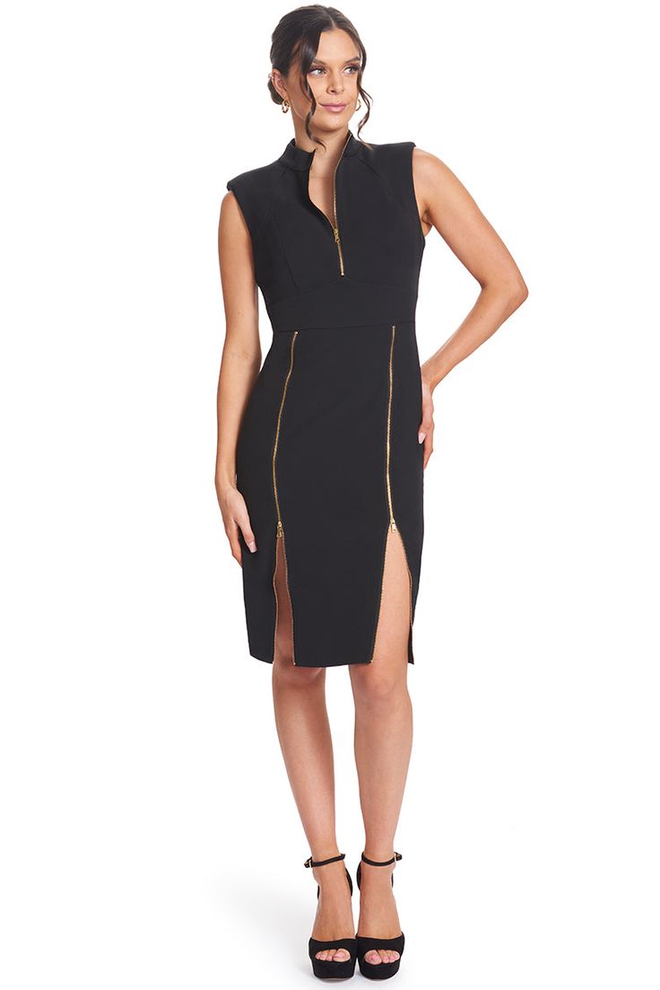 Explore the adaptability & versatility of our Just Zip It Dress. Boasting exposed functional gold zippers, this multipurpose LBD allows you to dictate the direction of your style. Crafted from stretch poly crepe, this midi dress showcases 1/4" thick shoulder pads and numerous functional zippers, including along the center back, front bodice, and skirt front princess seams. With the option to zip it closed for a more modest appearance, unzip it for a more alluring look, or find a middle ground. Y Chic Knee-length Midi Dress With Side Zipper, Office Midi Dress With Back Zipper, Knee-length Midi Dress With Side Zipper For Night Out, Chic Midi Dress With Zipper Closure For Party, Chic Party Midi Dress With Zipper Closure, Knee-length Midi Dress With Zipper, Mandarin Dress, Mermaid Midi Dress, Bianca Dress