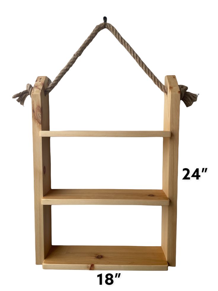 a wooden shelf with rope hanging from it's sides and the measurements for each shelf