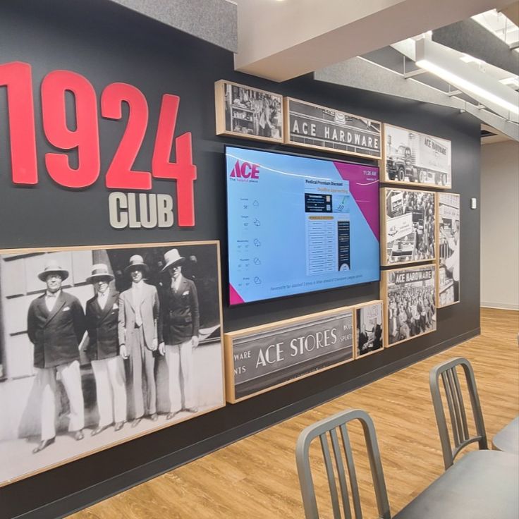 a wall with posters and pictures on it that says 1932 club in front of them