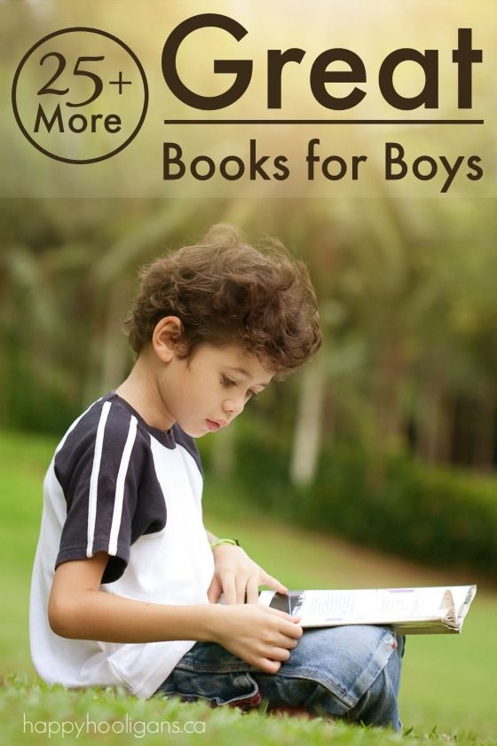 a young boy sitting in the grass reading a book with the title 25 more great books for boys