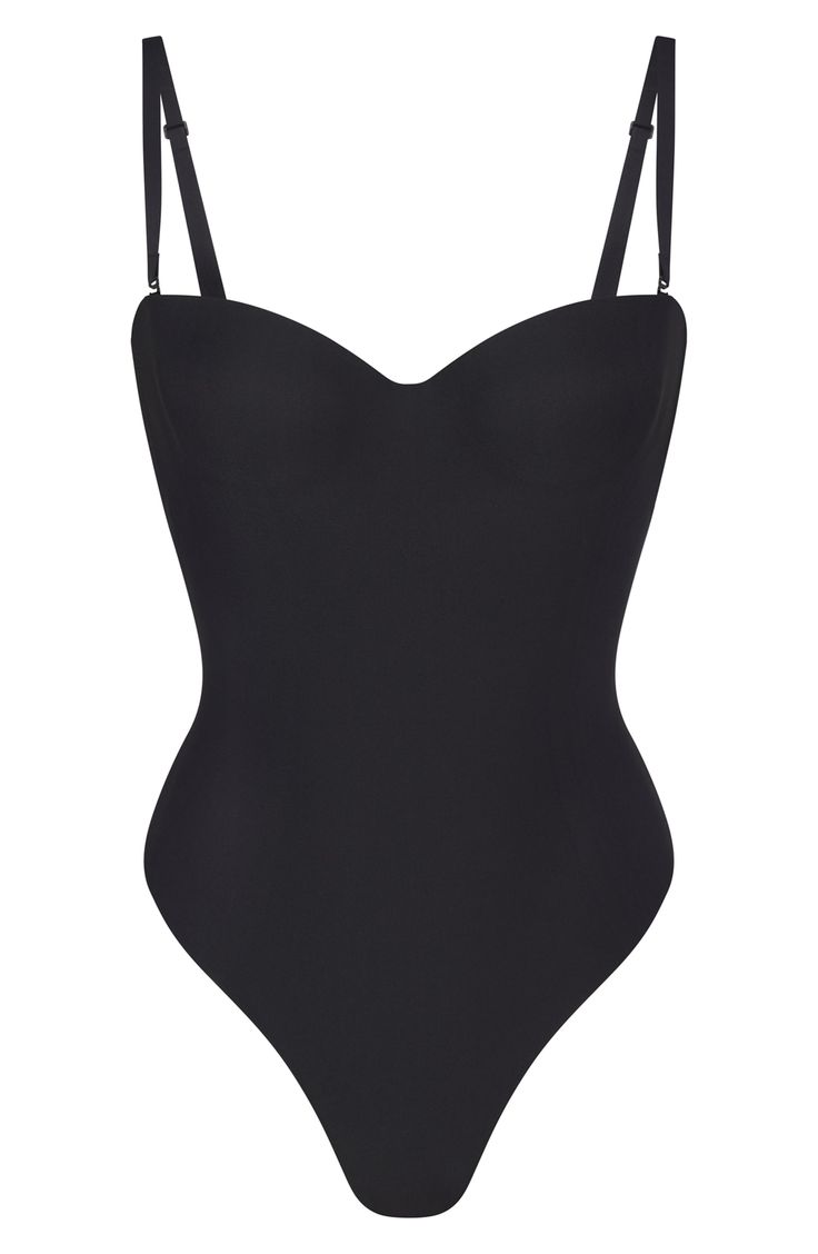 Molded underwire cups lend endless support to this shaper bodysuit that has removable, adjustable straps for a customizable look from Kim Kardashian's SKIMS. Cotton-lined gusset Removable, adjustable straps 61% polyamide, 39% elastane Hand wash, line dry Imported Shaper Bodysuit, Black Body Suit, Shapewear Tops, Body Shapewear, Shapewear Bodysuit, Best Lingerie, Cute Heels, Birthday Board, Dress Clothes