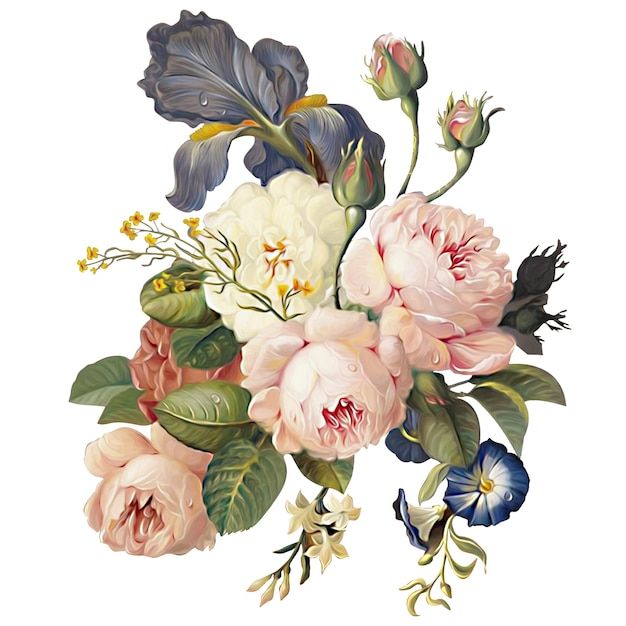 a bouquet of flowers with leaves and buds on a white background, painted in watercolor