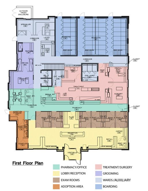 the first floor plan for an office building with multiple floors and several different areas in it