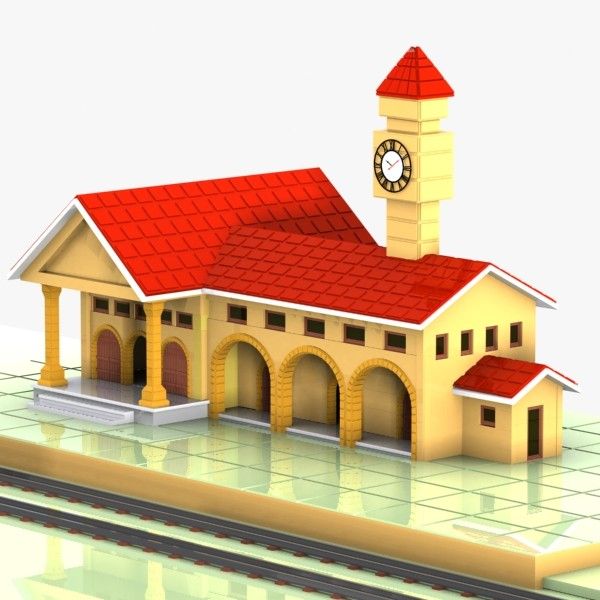 a train station with a clock on the top and a red roof, along with tracks