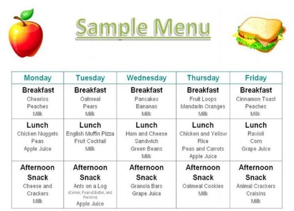 Sample Daycare Food Menu | Daycare menu, Daycare meals, Daycare lunch menu