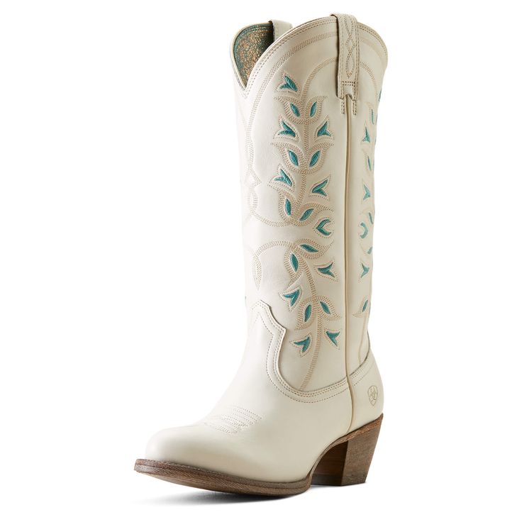 Beautiful craftsmanship meets everyday wearability. With a traditional profile and pretty, feminine stitching, this elegant boot looks as good with a flowy dress as it does with skinny jeans. Desert Holly Western Boot | Product Features : 0 : ATS® technology provides ergonomic support on uneven terrain, 1 : Hand-nailed vegetable-tanned leather sole | Women's Desert Holly Western Boots in Crema Full-grain leather, Size: 6.5 B / Medium by Ariat Levi Mom Jeans, Rush Outfits, Bridal Boots, Elegant Boots, Womens Work Boots, Ariat Boots, Western Boots Women, Western Boot, Crazy Shoes