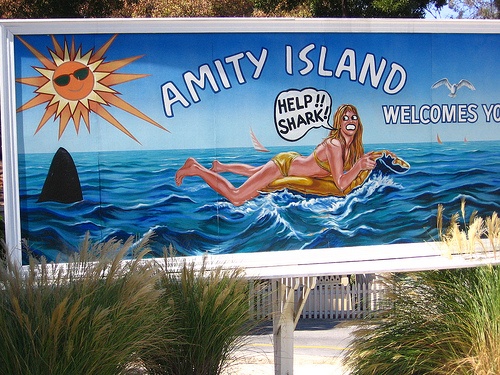 a large sign with a woman swimming in the ocean and an image of a man's face on it