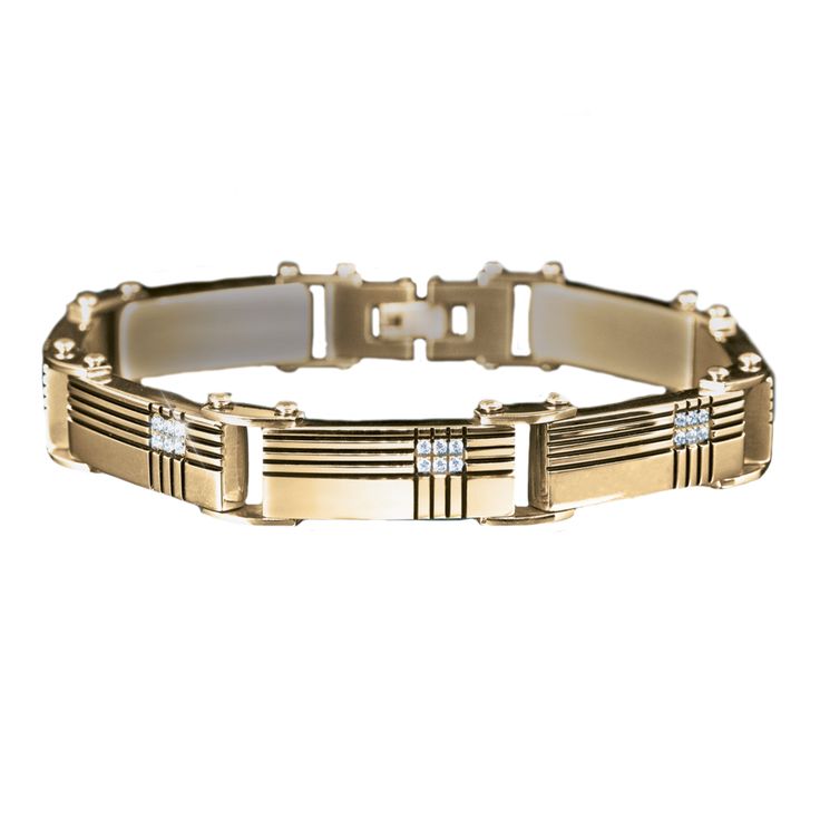 Once you open our luxury presentation case and get this new designer bracelet on your wrist, we predict that you will be loathe to take it off. 7 panels of premium grade 316L solid stainless steel fused with 18k yellow gold are etched with a geometric pattern before being set with no less than 42 of our flawless Diamondeau® - the Supreme Diamond Alternative . Fits up to an 8.25" wrist. Luxury Stainless Steel Chain Bracelet With Rectangular Links, Modern Yellow Gold Diamond Bracelet With Polished Finish, Modern Yellow Gold Polished Diamond Bracelet, Matte Gold Classic Bracelets For Formal Occasions, Yellow Gold Polished Stainless Steel Bracelets, Luxury Stainless Steel Jubilee Bracelets, Modern Matte Gold Bracelet For Gift, Modern Matte Gold Stainless Steel Jewelry, Modern Gold Stainless Steel Cuff Bracelet