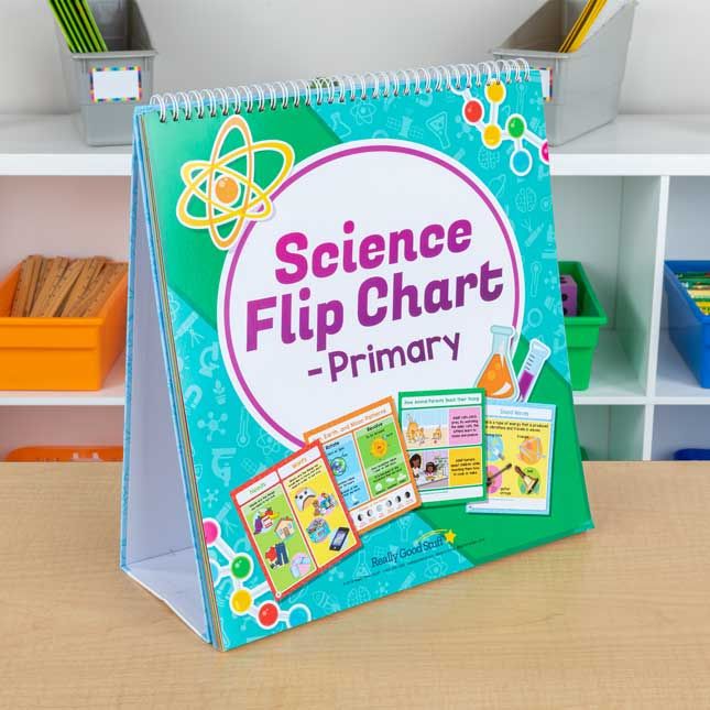 a science flip chart book sitting on top of a desk next to bookshelves