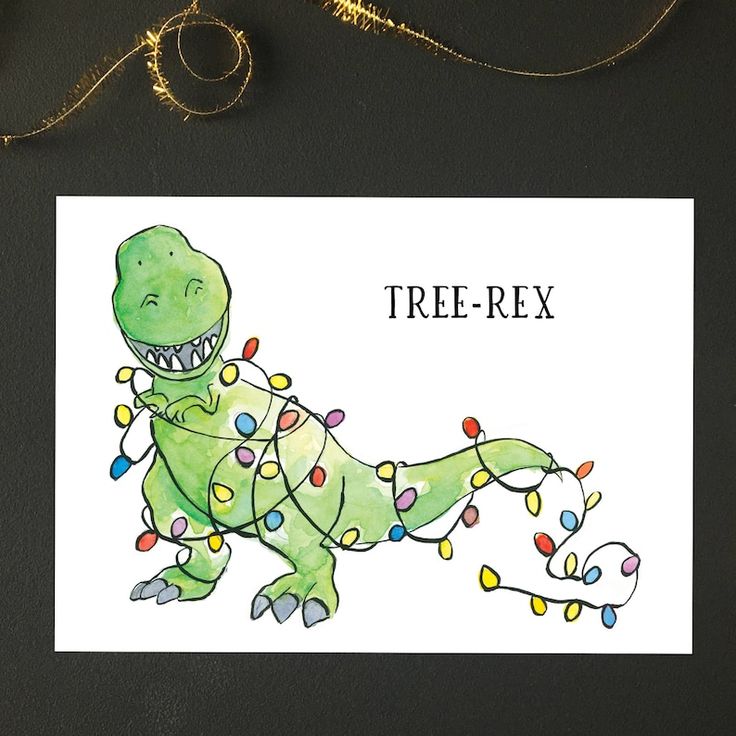 a card with a watercolor drawing of a dinosaur holding a string of christmas lights