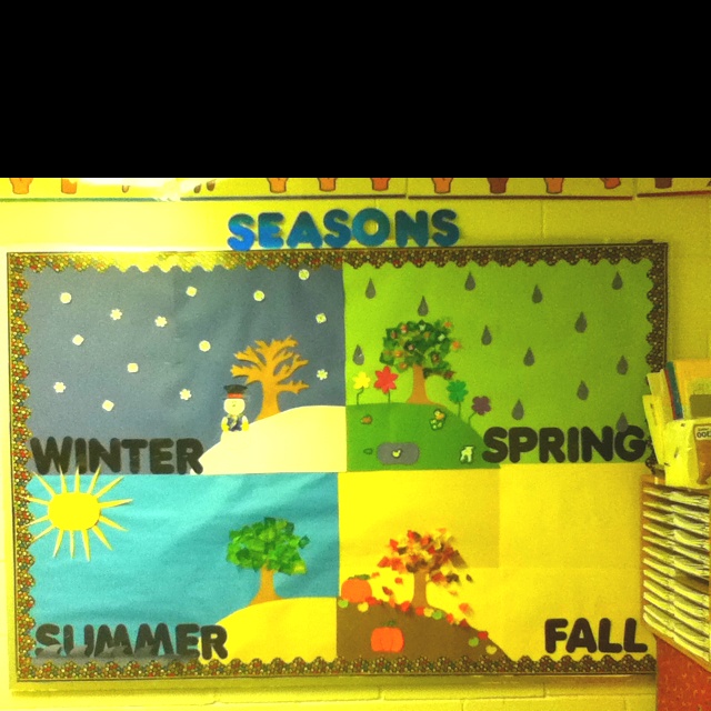 a bulletin board with seasons written on it