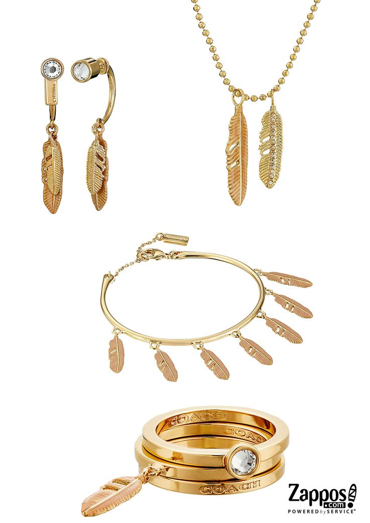 Complement your free spirit by accessorizing with Coach's latest feather necklace, bracelet, earrings and stacked rings. Its luxuriously smooth enamel adds richness to a pair of intricate metalwork feathers, gracefully dangling from a sparkling crystal stud. The custom cast, lavishly plated design is accented with a single, iconic Coach hangtag. Chic Metal Jewelry With Charms, Chic Metal Charm Jewelry, Chic Coach Jewelry As Gift, Chic Coach Jewelry As A Gift, Everyday Gold Coach Jewelry, Everyday Silver Coach Jewelry, Elegant Coach Jewelry In Yellow Gold, Elegant Coach Yellow Gold Jewelry, Gold-plated Charm Earrings