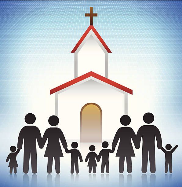 a group of people standing in front of a church with a cross on it's roof