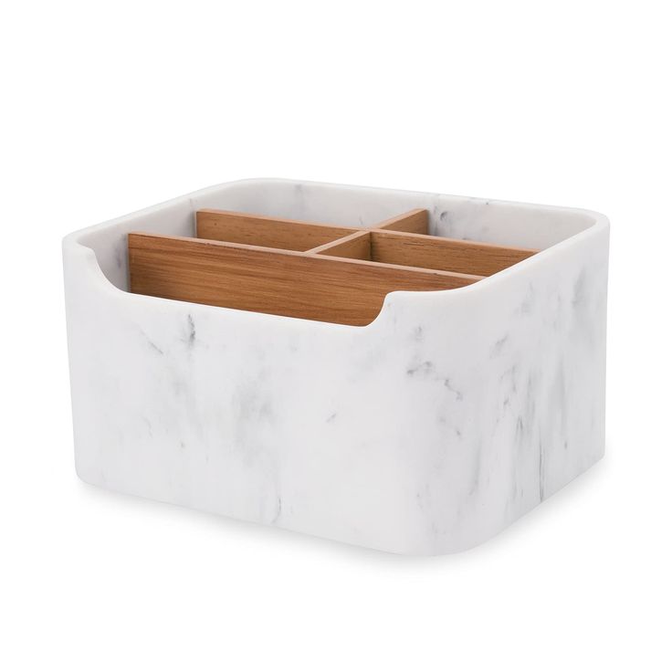 marble and wood pen holder with three compartments