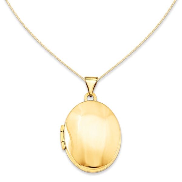 Simple and sleek, this darling locket pendant is a meaningful safe-keeper for special treasures. Fashioned in warm 14K gold, this oval-shaped locket features a bright buffed finish and opens to reveal space for a pair of small photos or mementos. A look she'll love and appreciate, this locket is polished to a brilliant shine and suspends freely along an 18.0-inch rope chain that secures with a spring-ring clasp. Classic Oval Locket Necklace Stamped 14k, Elegant Oval Link Locket Necklace, Elegant Gold Oval Link Locket Necklace, Elegant Gold Locket Necklace With Oval Link, 14k Gold Oval Pendant Locket Necklace, Classic Yellow Gold Locket Necklace With Oval Link, Timeless Gold Oval Locket Necklace, Classic Yellow Gold Oval Link Locket Necklace, Timeless Oval Locket Necklace