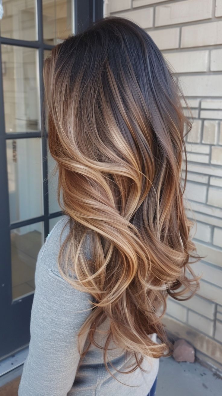 Brunette Honey Blonde Balayage, Balage Hair Color For Brunettes, Top Highlights Hair, Caramel Balayage With Blonde Highlights, Bright Caramel Highlights, Bright Caramel Balayage, Fall Caramel Balayage, Long Brown Hair With Highlights Balayage, Chocolate Blonde Balayage