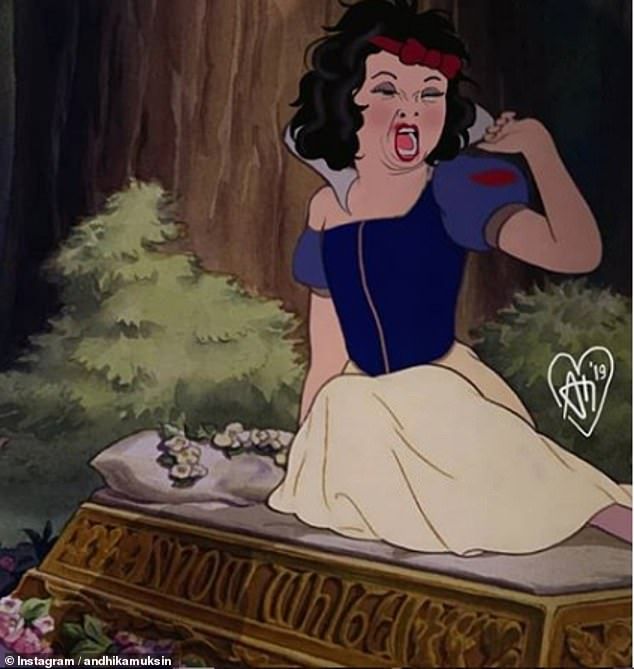 snow white sitting on top of a bed in front of a tree with her mouth open