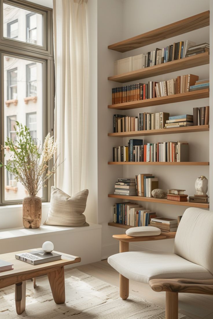 a living room filled with furniture and a book shelf next to a window covered in books