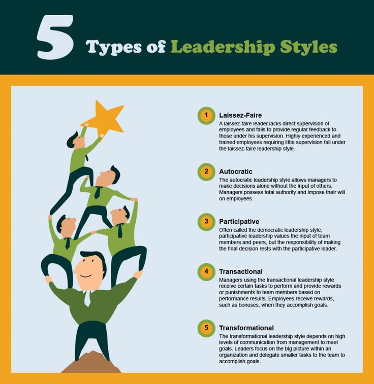 the five types of leadership styles in business infographical style, including stars and people