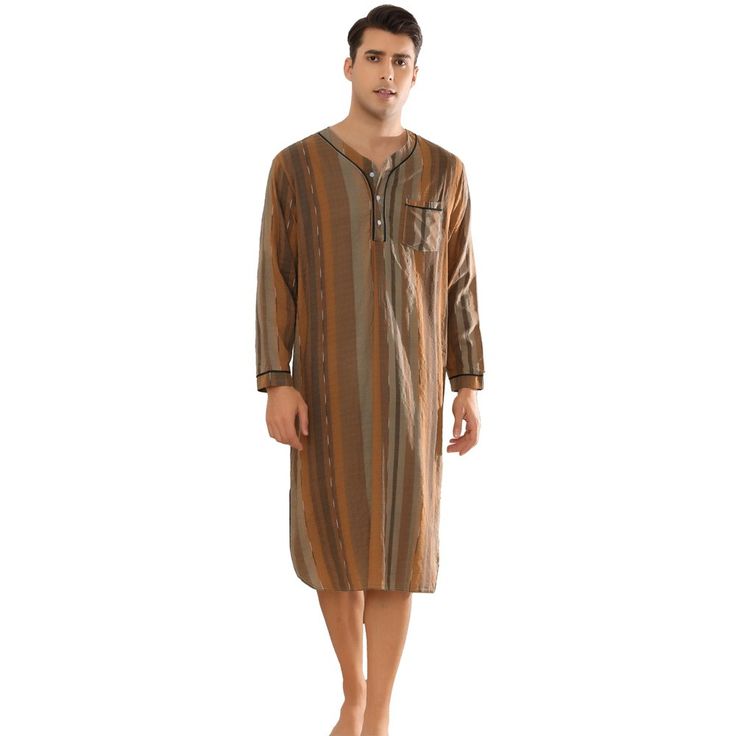 This multicolor-striped long-sleeved nightgown has a unique look that's different from regular striped designs. These long-sleeved nightshirts have a V-neck and front button design for easy wear and comfort. This casual striped nightshirt is suitable for daily wear, or for relaxing at home, vacation, etc. The nightgown can offer a comfortable feeling when you are taking a rest at home. Casual Long Sleeve Nightgown For Home, Striped Long Sleeve Relaxed Fit Sleepwear, Casual Striped Long Sleeve Sleepwear, Striped Long Sleeve Sleepwear In Relaxed Fit, Striped Long Sleeve Sleepwear With Relaxed Fit, Brown Long Sleeve Sleepwear, Long Sleeve Fall Nightgown For Sleep, Home Vacation, One Piece Man