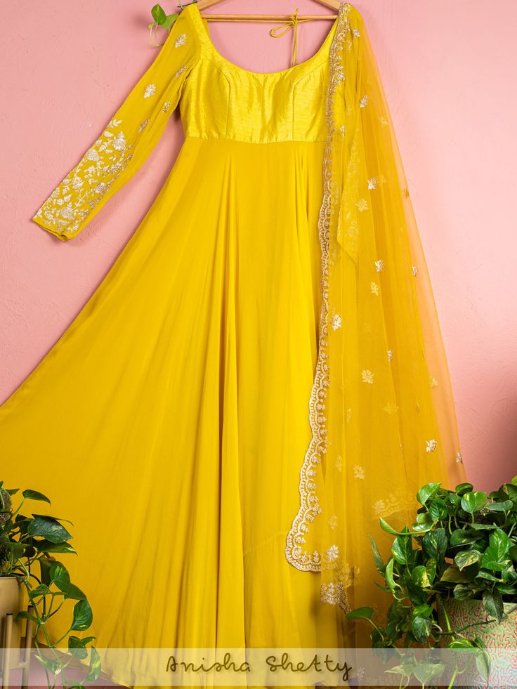 Tuscan Yellow Anarkali Set - Anisha Shetty - East Boutique Yellow Georgette Anarkali, Yellow Anarkali Suits, Anarkali Georgette, Yellow Anarkali, Dori Work, Anarkali Dresses, Georgette Anarkali, Anarkali Dress Pattern, Georgette Dupatta