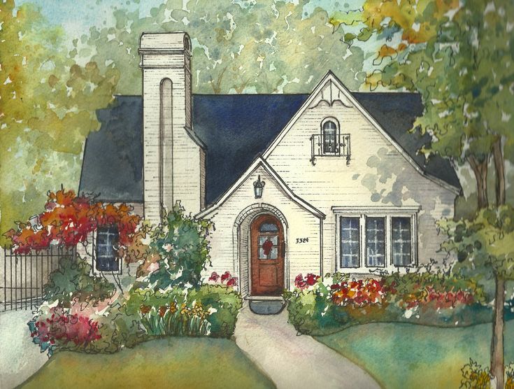 a painting of a white house with red doors and flowers in the front yard is shown