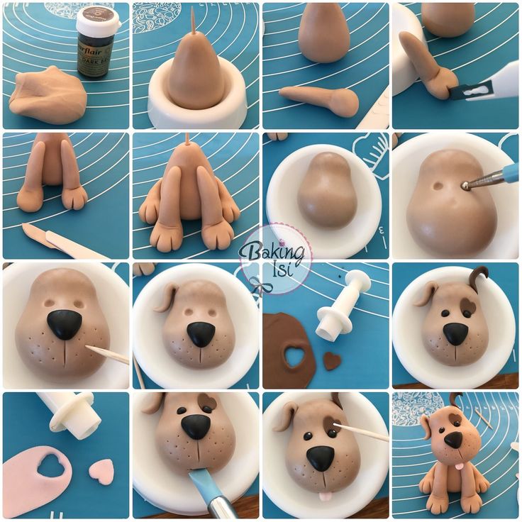 there are many pictures of the process of making a dog cake topper for someone's birthday