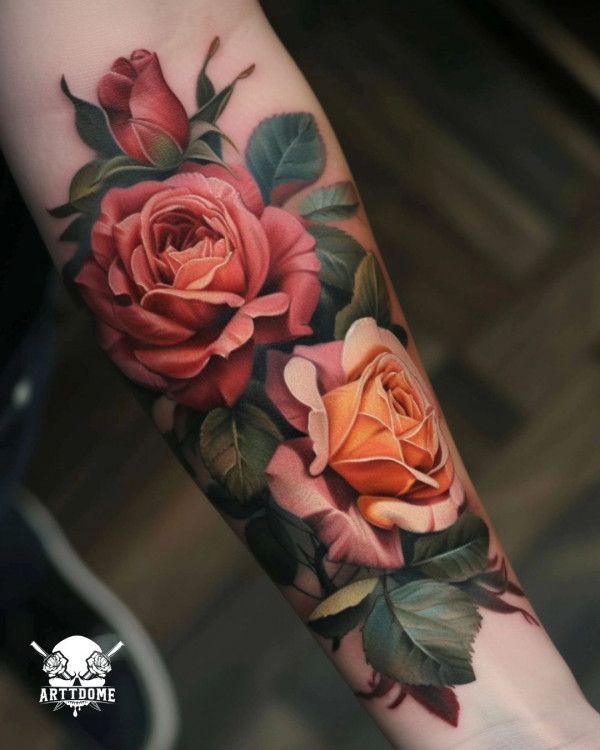 a woman's arm with roses and leaves on it