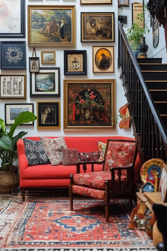 a living room filled with lots of pictures and paintings on the wall next to a stair case