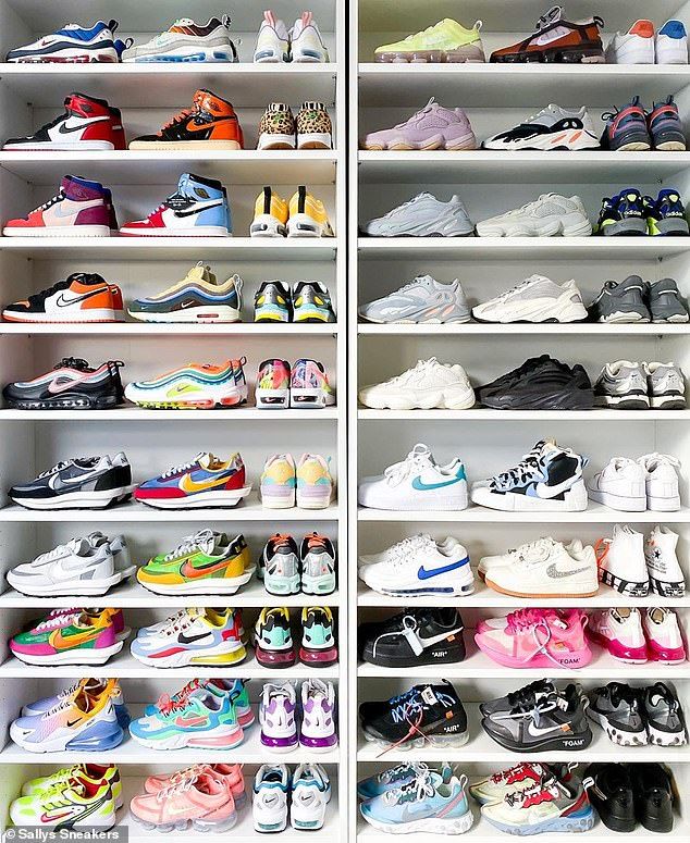 Meet the Danish Instagram influencer with the coolest sneaker collection in the world | Daily Mail Online Nike Blazers Outfit, Sneakerhead Room, Sneaker Closet, Shoe Room, Dr Shoes, Shoes And Sneakers, Nike Air Shoes, Model Streetstyle, Dress Shopping