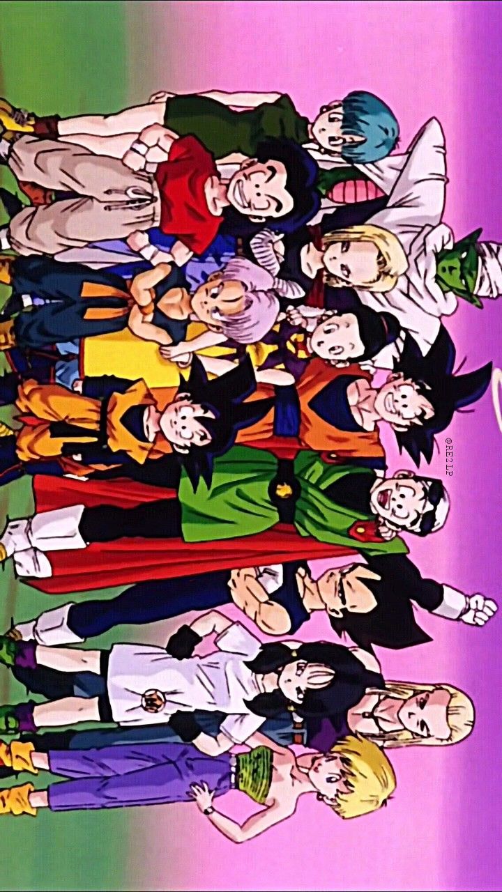 a group of cartoon characters standing next to each other in front of a purple background