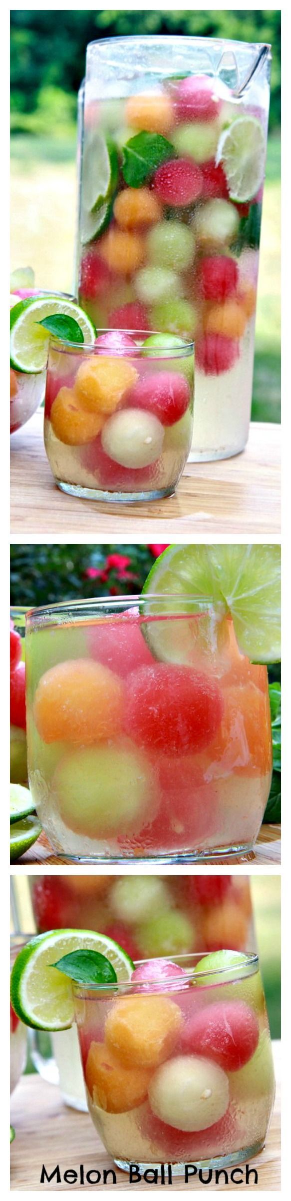 four different shots of fruit in a glass container with limes and watermelon