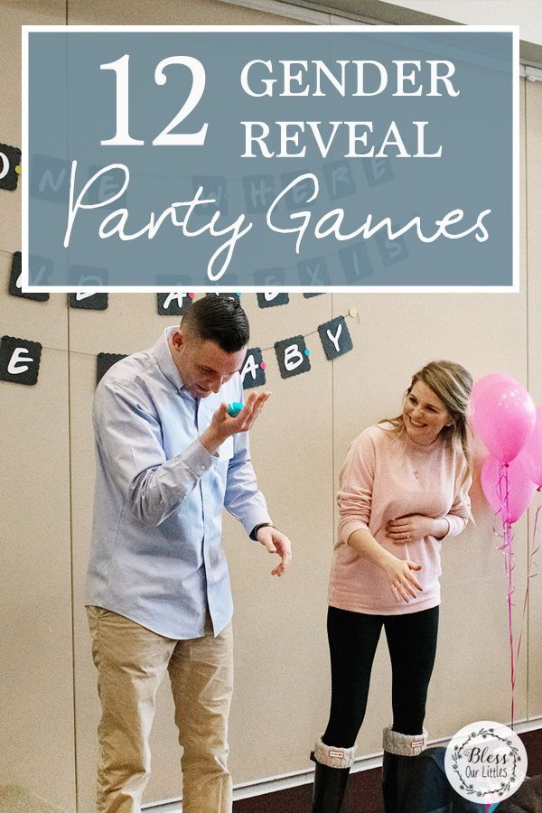 a man and woman standing next to each other in front of a sign that says 12 gender reveal party games