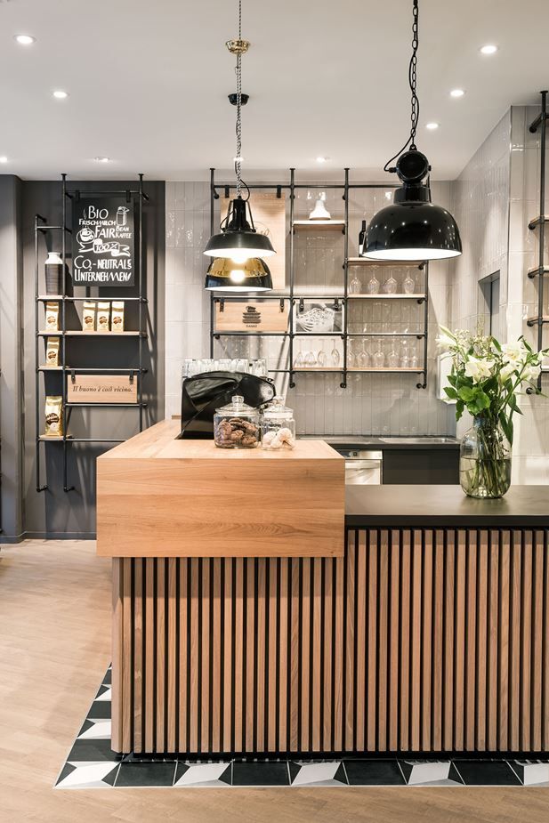 the kitchen is clean and ready to be used as a coffee shop or restaurant area