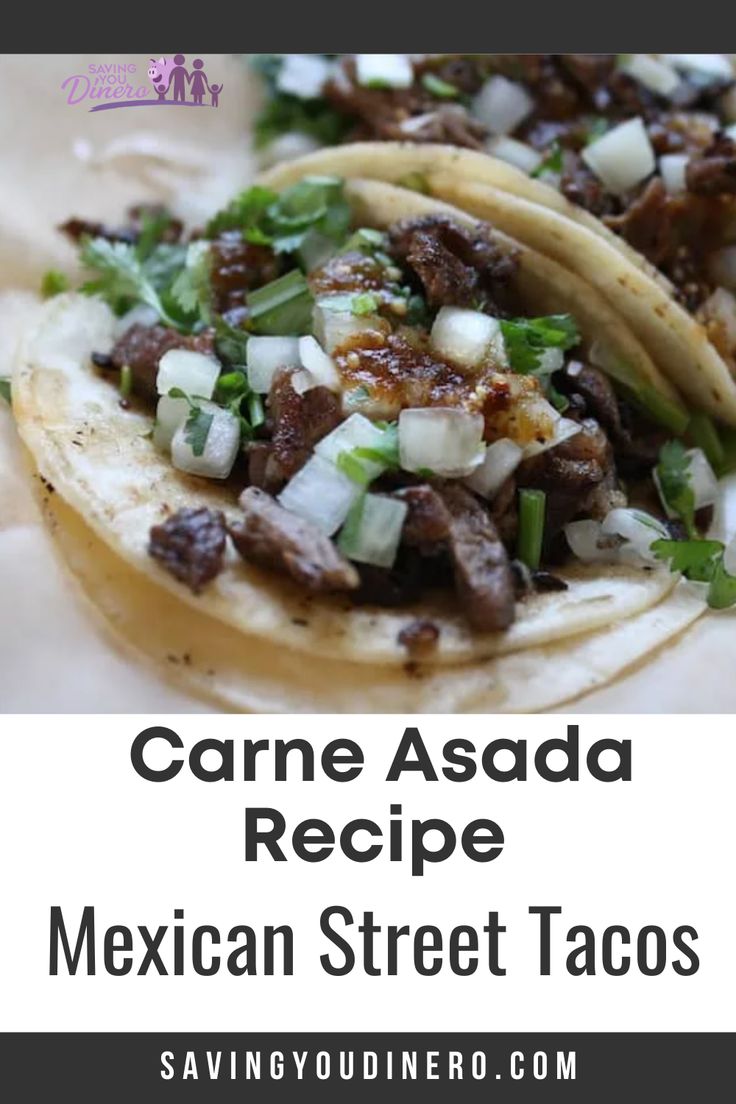 three mexican street tacos with text overlay reading carne asada recipe mexican street tacos