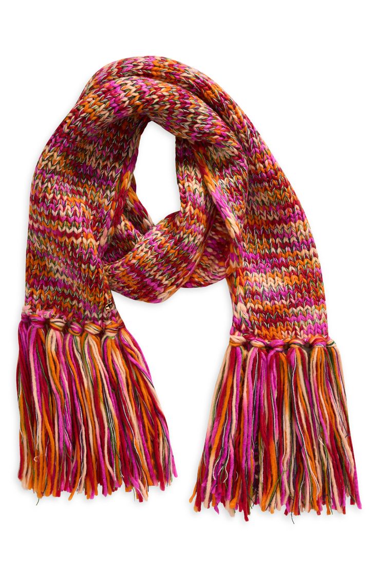 Wrap yourself in this woolly marled scarf knit from colorful space-dye yarn and punctuated with long, swingy fringe. 10" x 60"; 8 1/2" fringe 79% acrylic, 21% wool Dry clean Imported Dye Yarn, Scarf Knit, Colorful Space, Wool Scarf, Knit Scarf, Yarn Dyeing, Kate Spade New York, Scarf Wrap, Wool Blend