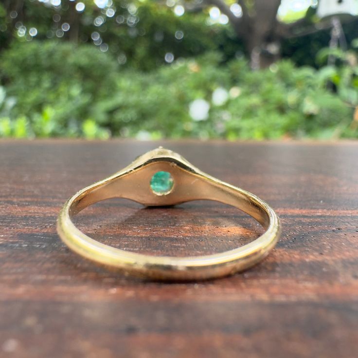 14k yellow gold. Gold acid tested. Emerald measures approximately 5mm x 3.3mm for 0.35 carats. Either Victorian or Edwardian period (between 1837-1914). Weight 3.5 grams. Size 8. Antique Rings, Gold Gold, Sale Items, Period, Emerald, Yellow Gold, Ring, Yellow, Gold