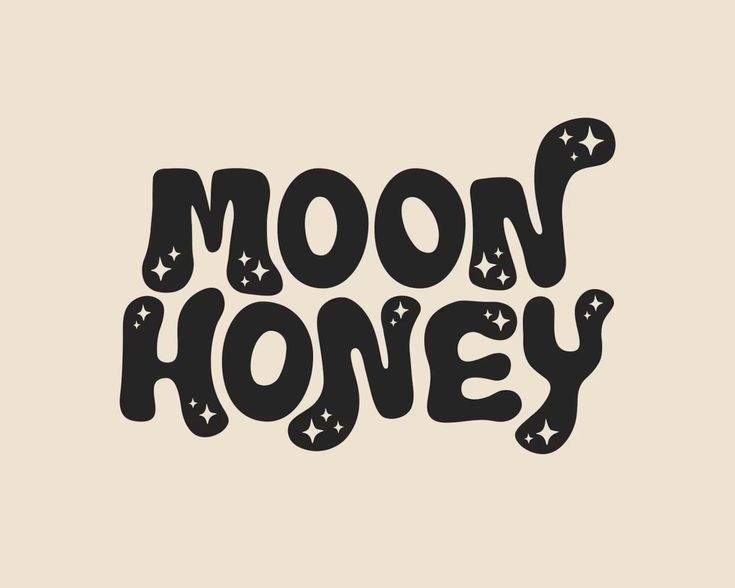 the word moon honey written in black ink on a beige background with stars and crescents