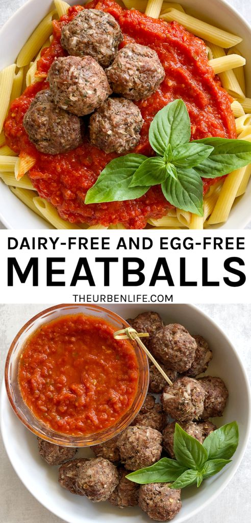 meatballs with tomato sauce and basil leaves in a white bowl next to pasta on a plate