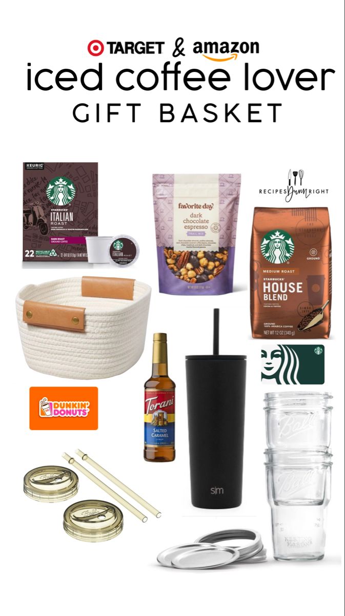 Iced coffee gift guide Coffee Lovers Basket, Teacher Gift Basket, Iced Coffee Gifts, Teacher Coffee Gifts, Teacher Gift Guide, Coffee Lover Gifts Basket, Basket Gift Ideas, Coffee Basket, Creative Gift Baskets