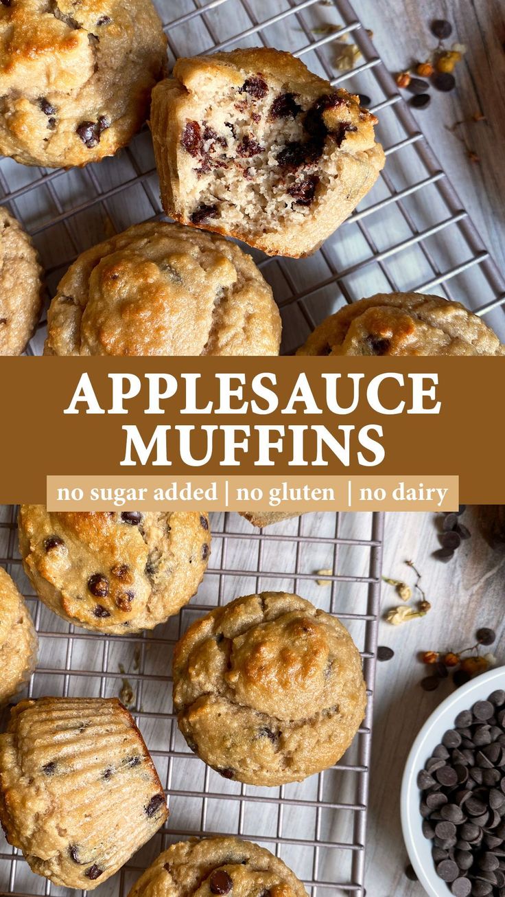 applesauce muffins on a cooling rack with chocolate chips