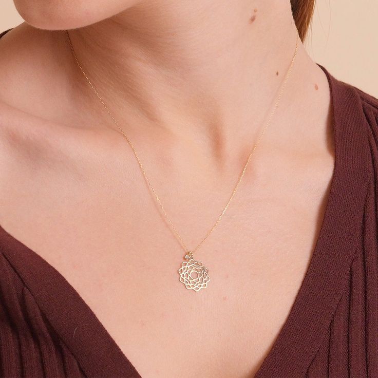 "Center your energy on something shiny and a reminder of happiness. Introducing the diamond chakra pendant that'll clean your negative energy. The stylish diamond stone will do the magic when you want to focus on yourself. F E A T U R E S * Made to Order. * Gold KT: 14K * Choice of Gold Color: Yellow Gold, Rose Gold, White Gold * Gem Stone: Genuine Diamond * Diamond-Cut: Round * Diamond Carat: 0.01 ct * Pendant Height: 18 mm / 0.70 inch * Pendant Width: 11 mm / 0.43 inch * Diamond Color-Clarity: Dainty Diamond Jewelry With Flower Charm, Elegant 14k Gold Jewelry With Flower Charm, Dainty Diamond Cut Flower Pendant Jewelry, Delicate Diamond Flower Pendant Jewelry, 14k Gold Jewelry With Diamond Accents In Flower Shape, Delicate Diamond Necklace With Flower Charm, Delicate Flower Shaped Jewelry With Diamond Accents, Delicate Flower-shaped Jewelry With Diamond Accents, Exquisite Yellow Gold Flower Shaped Necklace